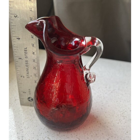 Blown Glass Red Vase Pitcher 5” Applied Clear Handle Crackle Glass Flute… - Picture 8 of 10